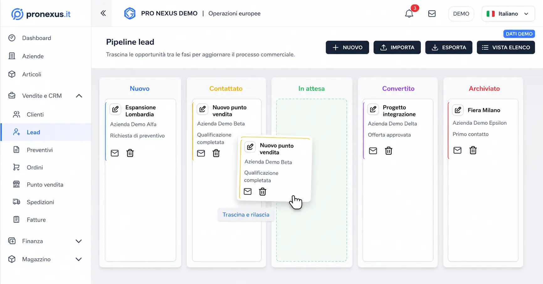 Drag-and-drop lead pipeline with demo data