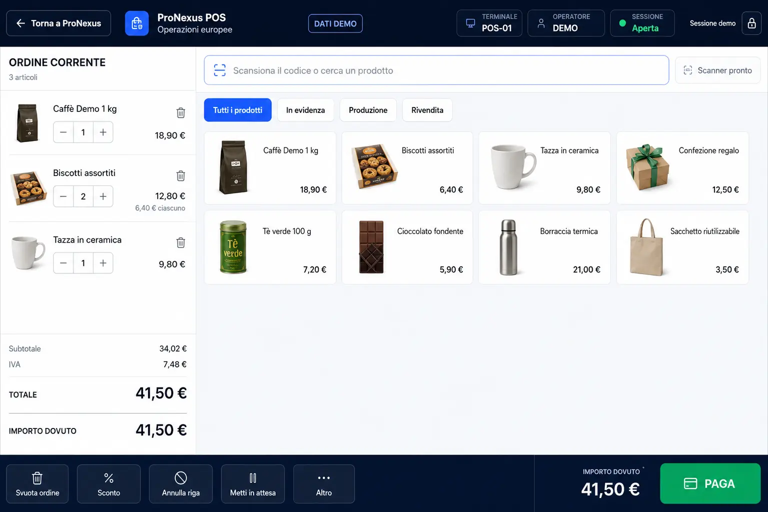 ProNexus point of sale with fictional demo products